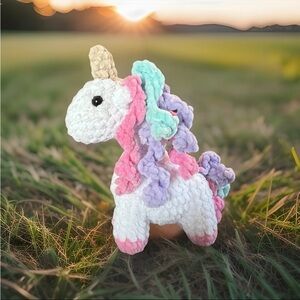 Handmade Colorful Pink, Purple, Blue, & White Crochet Plush Unicorn Toy